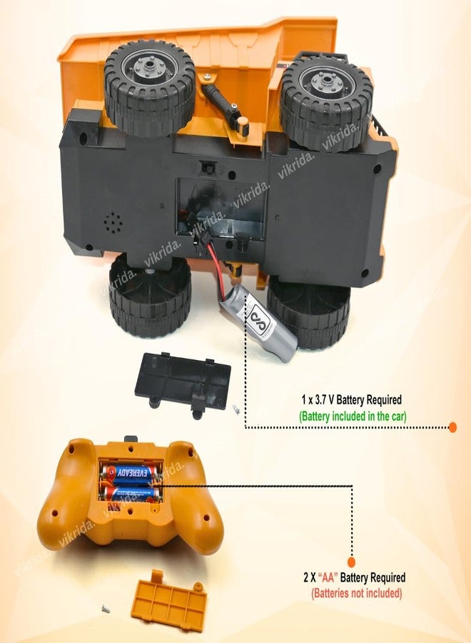 VikriDA 1:18 Remote Control Dump Truck Toy | Durable, Rechargeable & Realistic Truck with Working Dump Bed - Yellow - Image 3